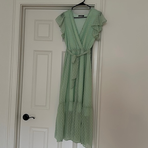 NWOT Bohemian Wrap V Neck Ruffle Cap Sleeveless Belt A-Line Midi Sun Dress - Picture 2 of 5